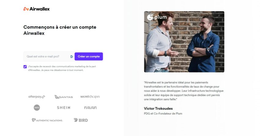 Page d'inscription au compte pro Airwallex