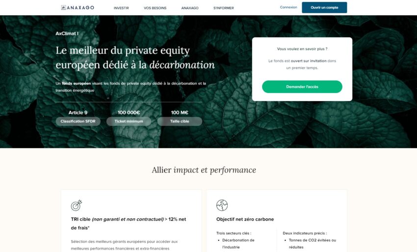 Page d'accueil d'AxClimat I un fonds de fonds de private equity dédié à la décarbonation et géré par Anaxago