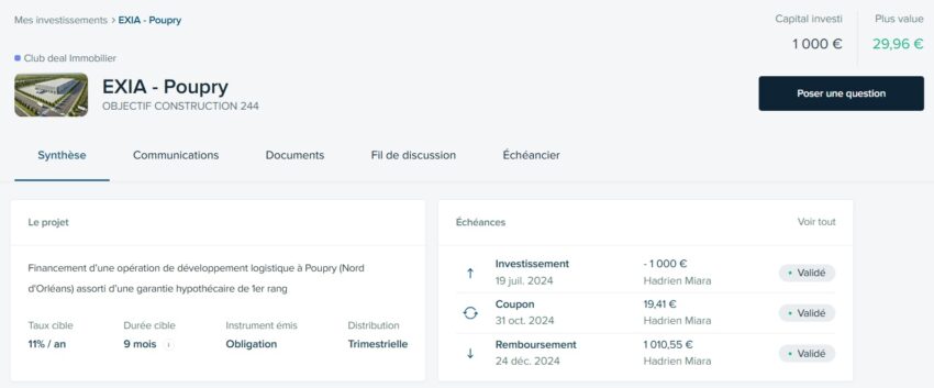 Exemple de projet Anaxago auquel j'ai participé en 2024, qui s'est déroulé sans encombre, avec un TRI de 11,2%