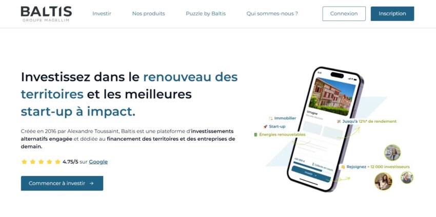 Page d'accueil de la plateforme de crowdfunding immo Baltis