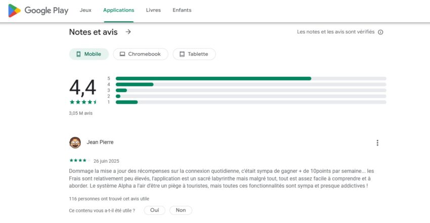 Les avis sur Binance donnent une moyenne de 4,4/5 sur Google Play
