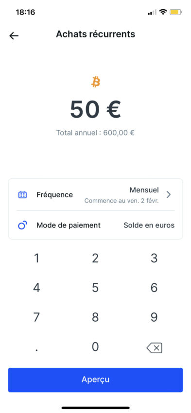 Exemple de mise en place d'un achat récurrent sur Bitvavo de 50€ par mois de BTC