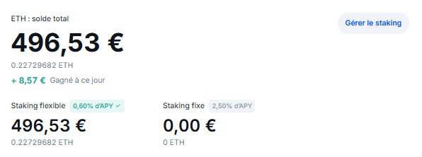 Capture d'écran Bitvavo indiquant l'APY pour le staking d'Ethereum flexible (0,60%) ou fixe (2,50%)