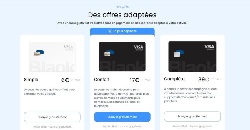Les deux offres du compte bancaire professionnel Blank 