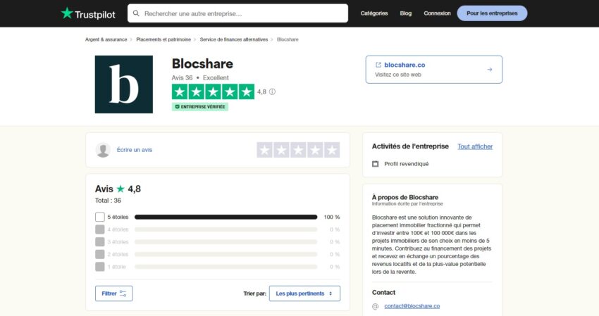 Illustration montrant la moyenne de Blocshare de 4,8/5 pour les avis déposés sur Trustpilot