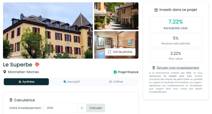 Exemple d'opération financée par Blocshare, avec photos du biens et indicateurs de rentabilité