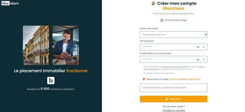 Page d'inscription à Blocshare