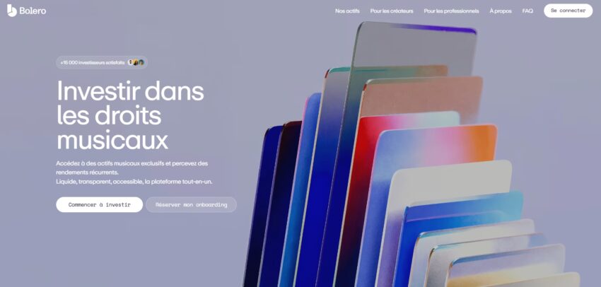 Page d'accueil de Bolero, plateforme d'investissement dans la musique