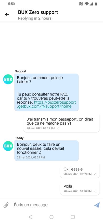 Échange avec le service client Bux