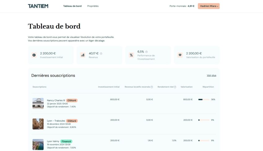 Extrait de mon tableau de bord de mes investissements en club deal immobilier