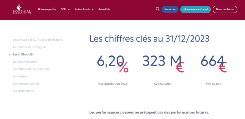 Capture d'écran de la page web de la SCPI Cœur de Régions, gérée par Sogénial Immobilier