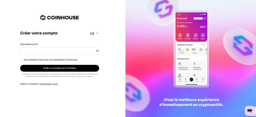 Page d'inscription de la plateforme Coinhouse