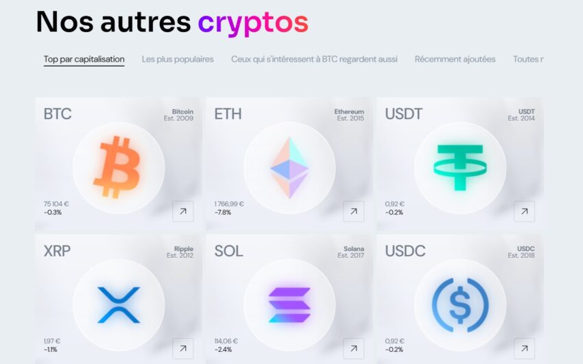 Visuel avec une partie de la sélection de cryptos de Coinhouse (Bitcoin, Ethereum, Solana, Ripple)