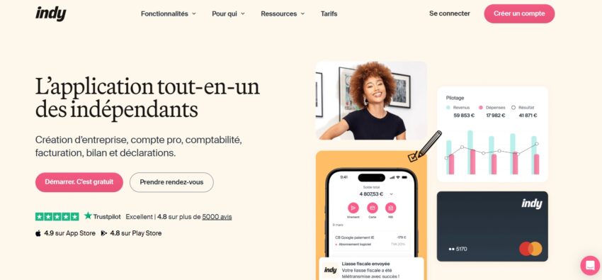 Page d'accueil d'Indy, compte pro en ligne gratuit pour les micro-entreprises