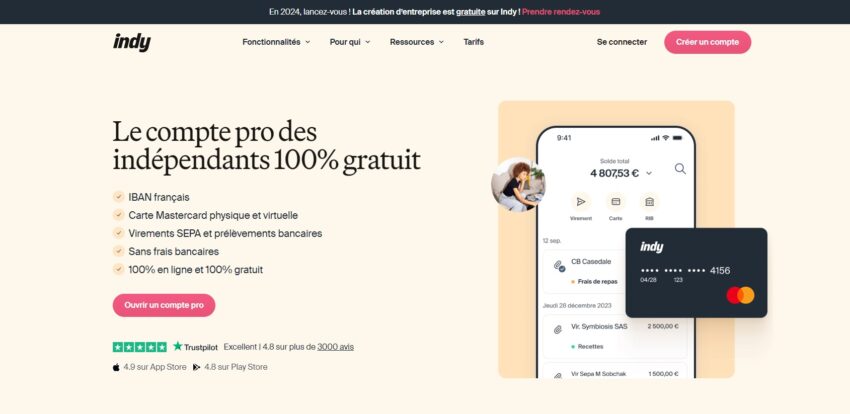 Page d'accueil du compte pro gratuit Indy
