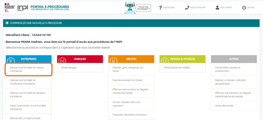 Capture d'écran de la page e-procédures de l'inpi afin d'indiquer où cliquer pour déposer une formalité de création d'entreprise