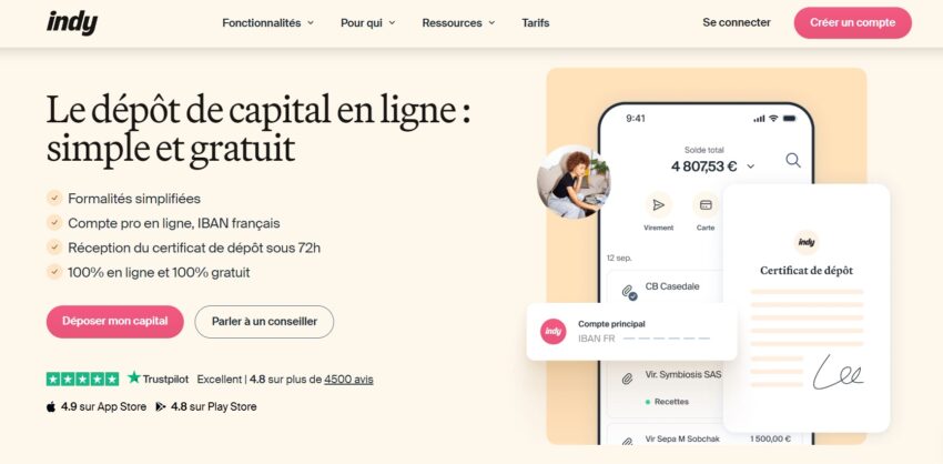 Page web du compte pro Indy concernant le dépôt de capital en ligne