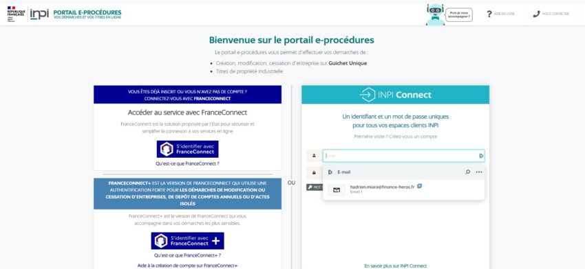 Capture d'écran du portail e-procédures de l'inpi pour effectuer la création en ligne de sa micro-entreprise