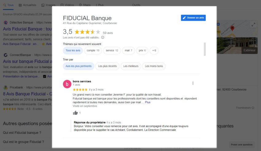 FIDUCIAL Banque n'a que peu d'avis clients disponibles, pour Google, le compte pro comptabilise 59 avis à fin 2022