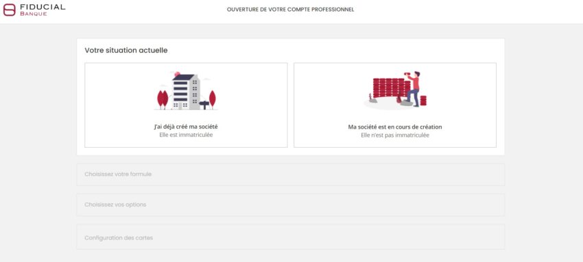 Page d'ouverture d'un compte pro chez FIDUCIAL Banque, vous demandant en premier lieu si votre société et déjà créée ou non