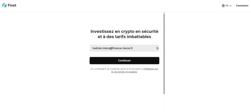 Page d'inscription à la plateforme crypto Finst