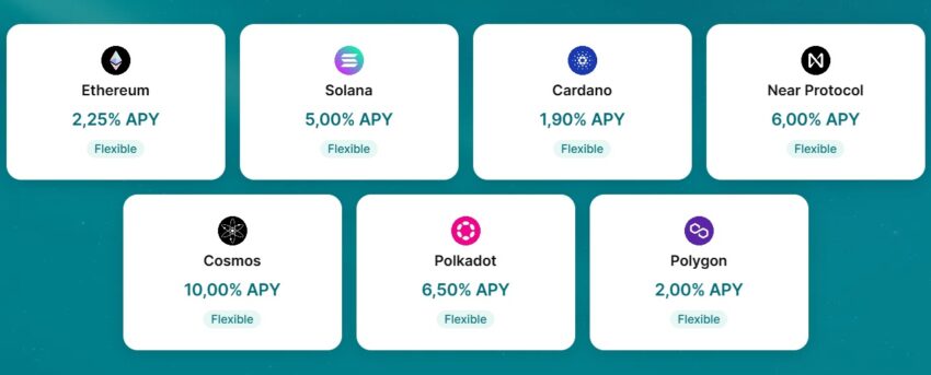 Visuel avec les 7 crypto monnaies disponibles au staking sur Finst, ce qui est assez limité à mon avis