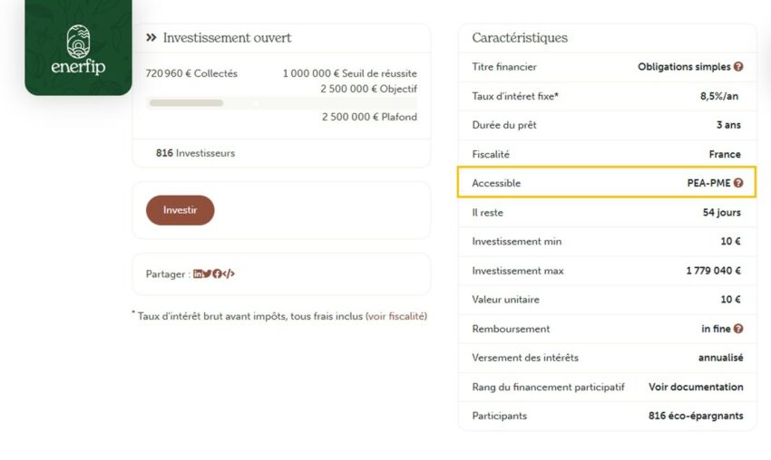 Capture d'écran montrant que la plateforme de crowdfunding Enerfip permet aux investisseurs de passer par leur PEA ou PEA-PME sur certaines collectes