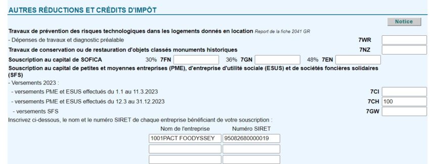 Extrait de ma déclaration de revenus 2023 avec mon investissement crowdfunding de 100€ dans Omie&Cie déclaré aux impôts