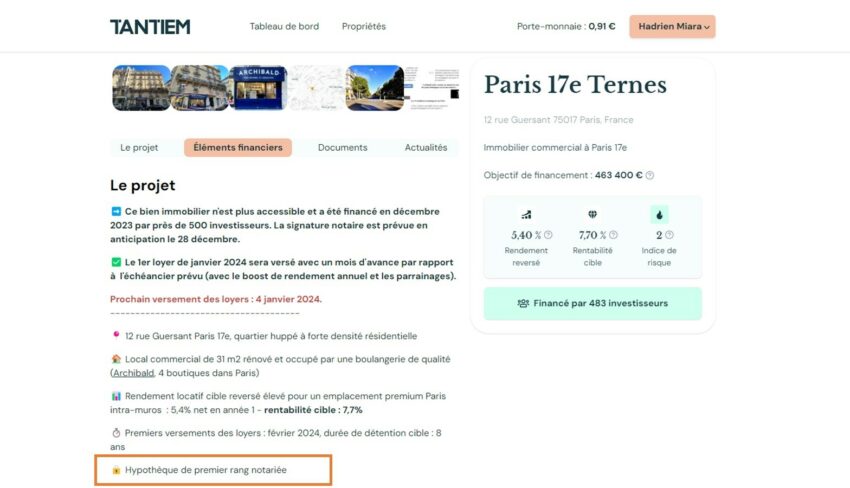 Capture d'écran d'un descriptif de projet de crowdfunding immobilier affichant comme garantie une hypothèque de premier rang notariée