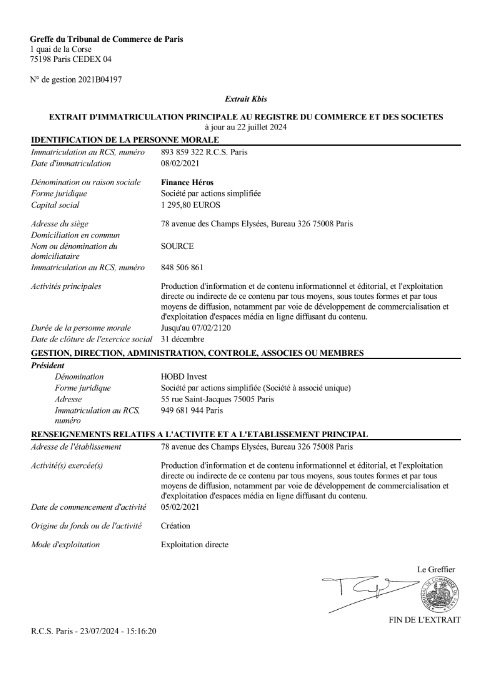 Copie d'un Kbis de Finance Héros, un des documents importants que l'on obtient lors des 5 étapes de création d'une entreprise