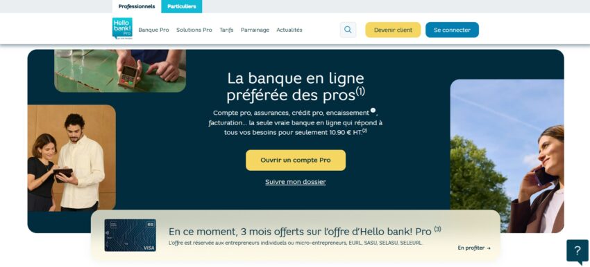 Page d'accueil de la banque pro en ligne Hello bank! Pro