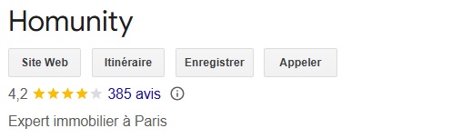 Homunity affiche une moyenne de 4,2/5 sur presque 400 avis Google (chiffres mis à jour en janvier 2025)