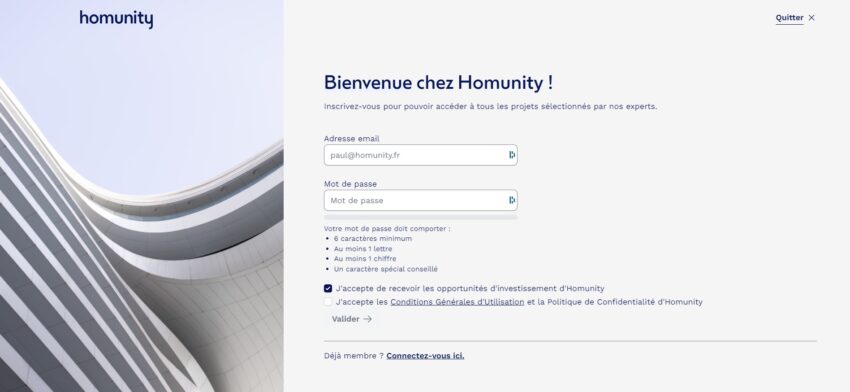 Page d'inscription à la plateforme de crowdfunding immobilier Homunity