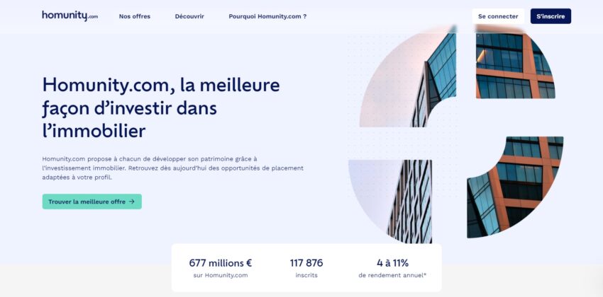Page d'accueil d'Homunity, un spécialiste de l'immobilier qui permet d'investir en SCPI, mais aussi dans l'immobilier en direct et en crowdfunding immobilier
