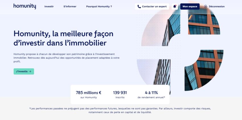 Page d'accueil de la plateforme de crowdfunding immobilier Homunity, une des meilleures selon moi