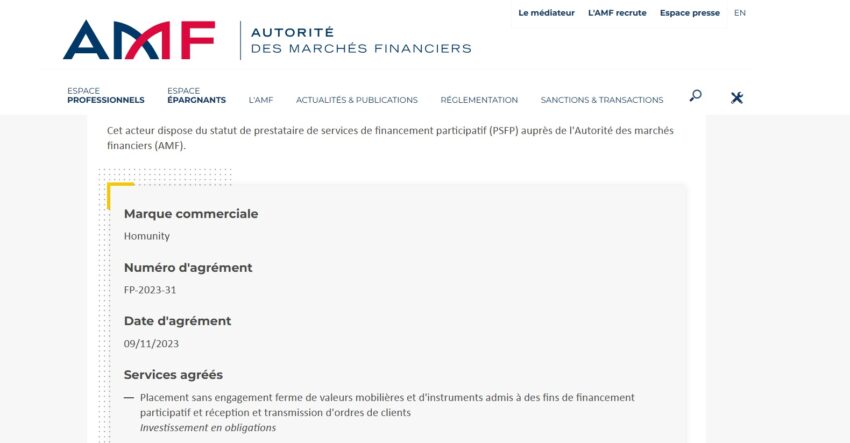 Extrait de la page du site de l'AMF indiquant qu'Homunity a l'agrément PSFP