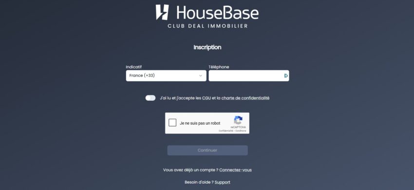 Page d'inscription à HouseBase