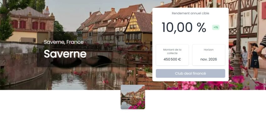 Illustration du club deal de Saverne, une collecte menée par HouseBase, avec un versement des intérêts à fréquence trimestrielle.