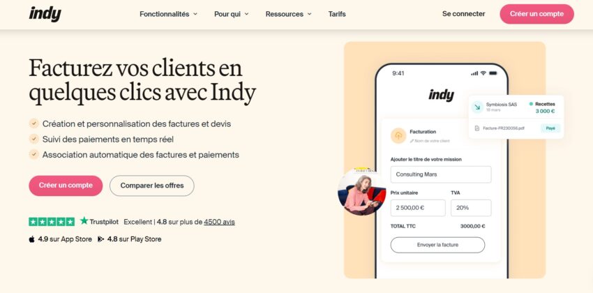Page web d'Indy, qui permet de gérer sa facturation en quelques clics, et offre également un compte bancaire professionnel