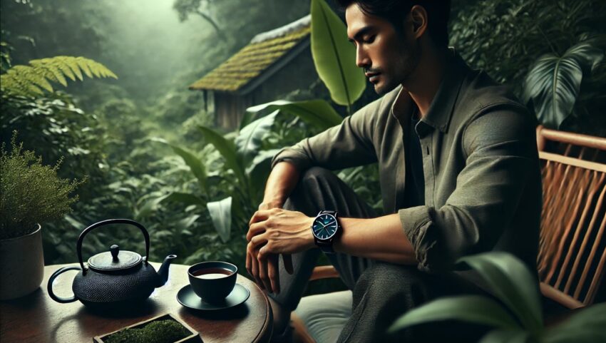 Illustration d'un investisseur, avec une belle montre au poignet, qui est zen, en train de boire un thé