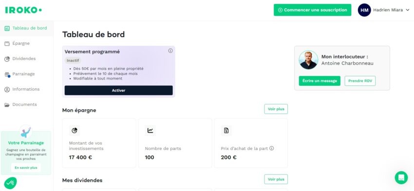Mon espace investisseur Iroko, avec mes 100 parts de la SCPI Iroko Zen