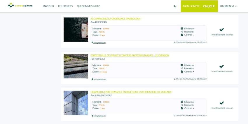 Capture d'écran présentant 3 de mes investissements en cours chez Lendosphere