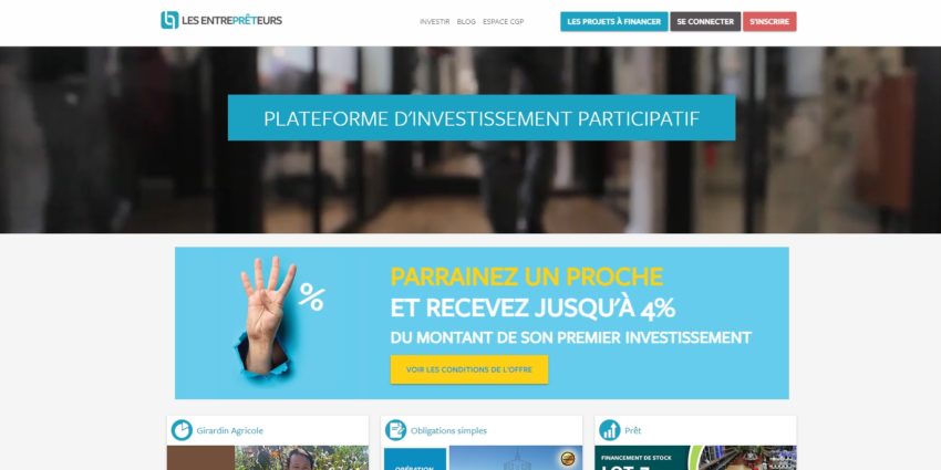 Page d'accueil de la plateforme de crowdfunding Les Entreprêteurs