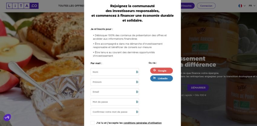Début du parcours d'inscription au site de financement participatif LITA.co