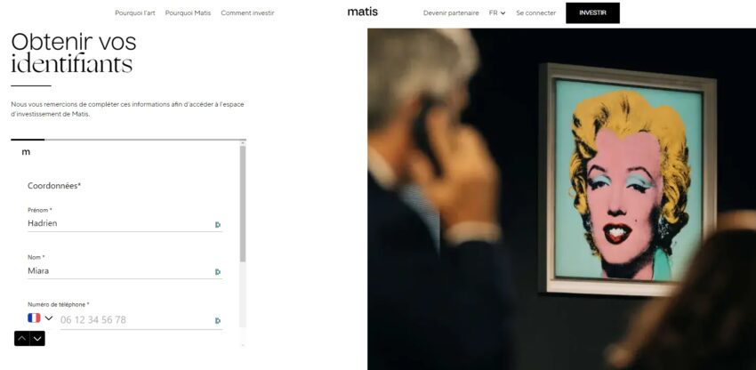 Début du parcours d'inscription à la plateforme de Matis