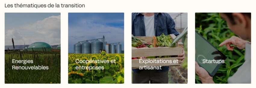 Visuel des thématiques de collectes de crowdfunding proposées par MiiMOSA : énergies renouvelables, coopératives et entreprises, exploitations et artisanat, et startups