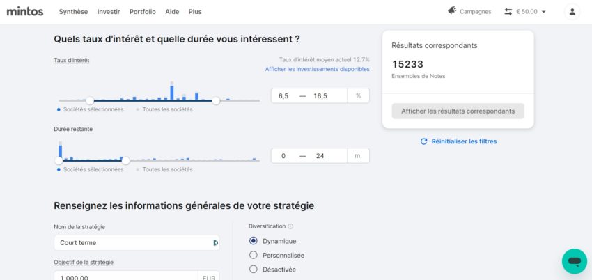 Ecran de paramétrage pour les stratégies personnalisées de Mintos