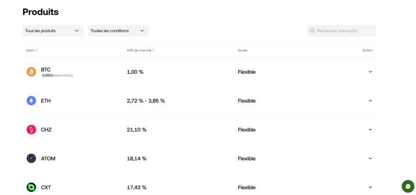 Extrait des crypto monnaies disponibles pour le staking sur OKX Earn : BTC, ETH, CHZ, ATOM, CXT