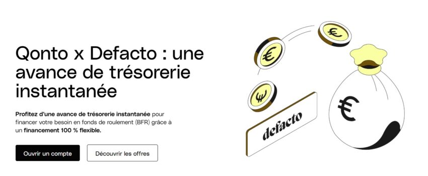 Visuel sur le partenariat entre Qonto et Defacto pour obtenir une avance de trésorerie instantanée