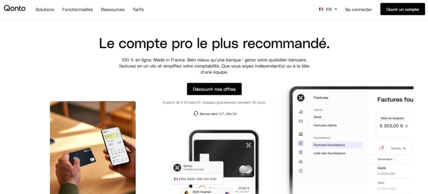 Page d'accueil de Qonto, à mon avis un des meilleurs comptes pro en ligne